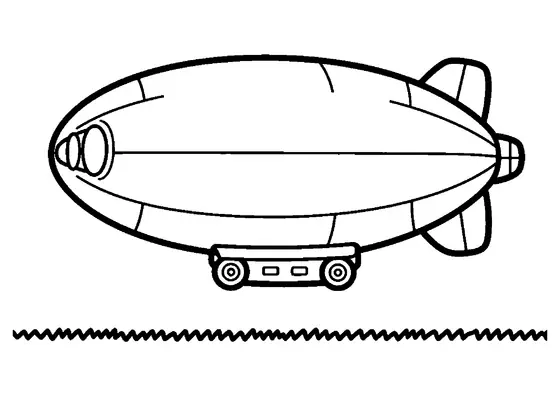 Un gran dirigible con góndola y estabilizadores vuela sobre una franja de hierba y ofrece amplias zonas blancas para colorear.