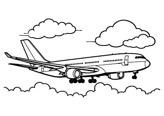 Un gran avión de pasajeros vuela entre nubes esponjosas, con amplias zonas blancas para colorear el fuselaje, las alas y el cielo.