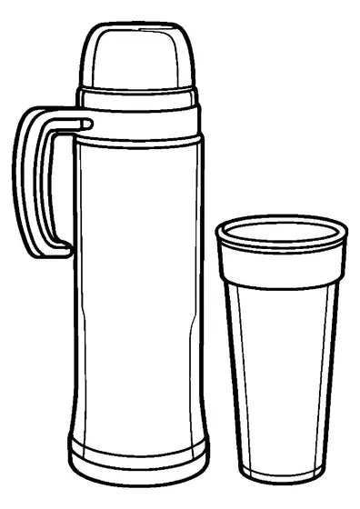 Un termo grande con una práctica asa y una taza alta para bebidas calientes, con contornos claros y sencillos para colorear.