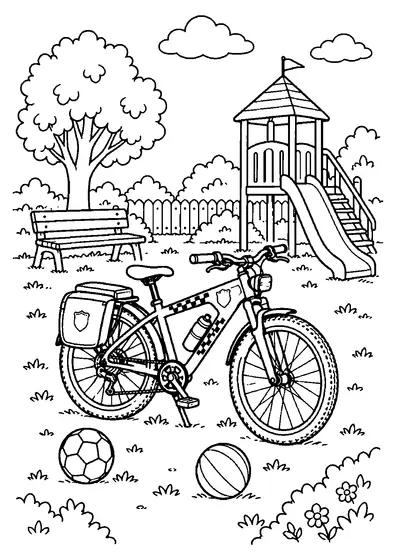 Police bicycle at a playground with a slide, bench, two balls, fence, trees, bushes, flowers, and clouds.