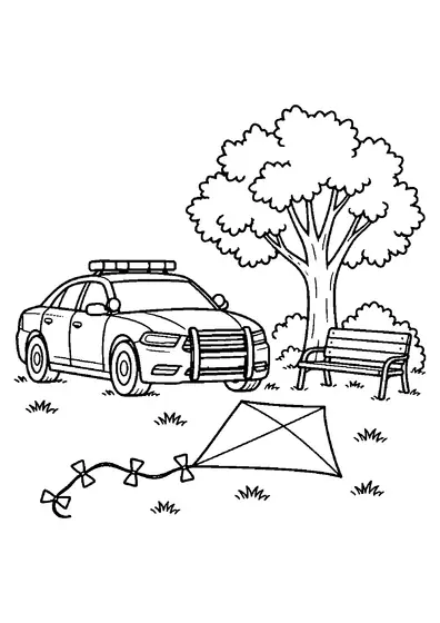 Police car beside an open field with a large kite on the ground, a bench, one large tree, bushes, and grass tufts.