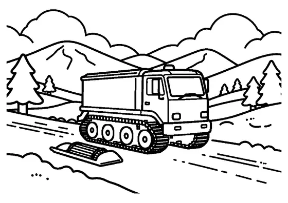 Ein großes Kettenfahrzeug steht mit einem zusammengeklappten Schlitten und einem Seil auf einem verschneiten Bergweg.