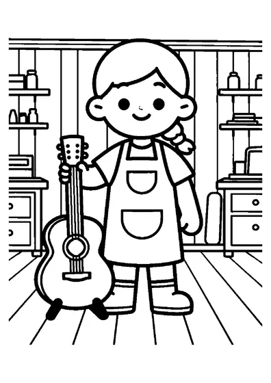 Lutniczka stoi przy dużej gitarze, stojaku i otwartym futerale w pracowni.
