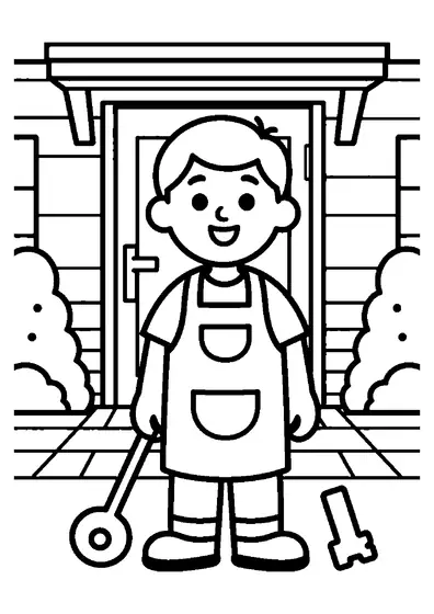 A locksmith standing next to a large door lock, a key, and a toolbox near a house entryway.