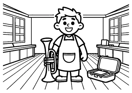 A repair technician standing next to a large trumpet, an instrument case, and a polishing cloth in a music shop.