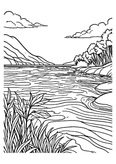 Folha de cor com um lago pitoresco com ondas, rodeado por colinas, árvores na margem e vegetação de juncos em primeiro plano.