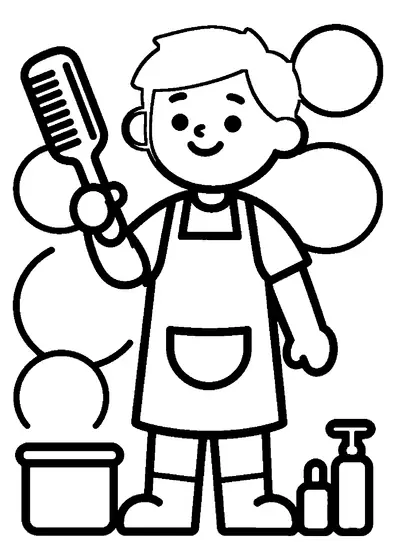 A smiling hairdresser standing forward and holding a large comb.