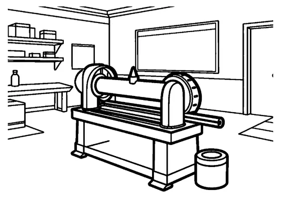 Великий ручний трубозгинальний верстат стоїть поруч із відрізком труби та коробкою фітингів у сантехнічній майстерні.