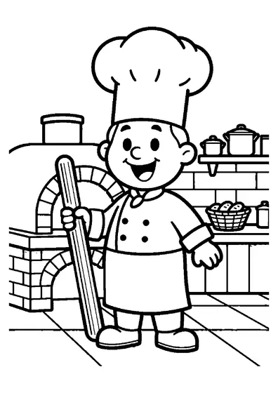 Un cocinero con gorro alto sonríe junto a un horno de ladrillo con una pala de madera y una cesta de pan.