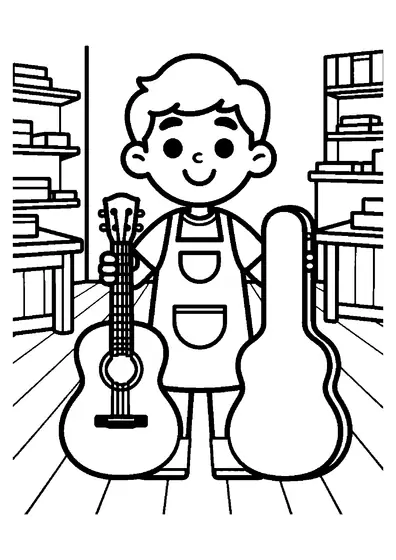 Ein Gitarrenbauer steht neben einer großen Gitarre und einem Koffer in einer Werkstatt mit Regalen, Brettern und breitem Arbeitstisch.