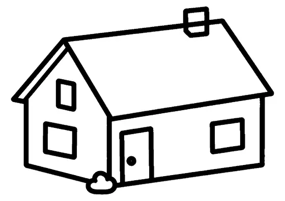 A simple 3D house model with a gabled roof, door, windows, and chimney.
