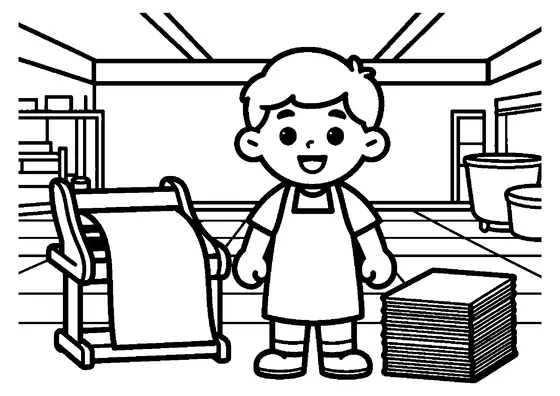 Ein Papiermacher steht neben einer großen Presse und einem Stapel Papierbogen. In der Werkstatt sind außerdem eine Bütte und Regale zu sehen.