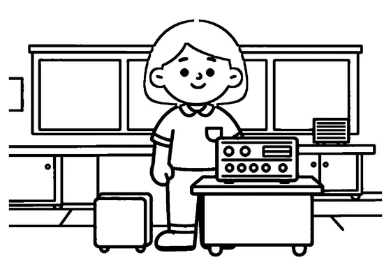 Radiotechniczka prezentuje duży odbiornik radiowy na stole w uporządkowanej pracowni.