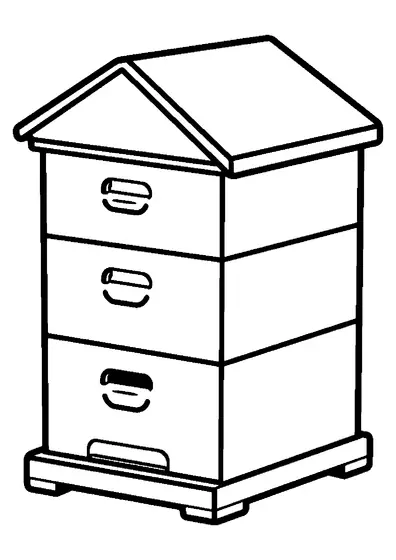 Large beehive with a slanted roof, broad body, entrance slot, and base.