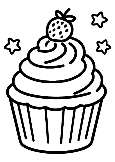 Großer Cupcake in einer Papierform mit luftiger Creme und einer Frucht als Dekoration.