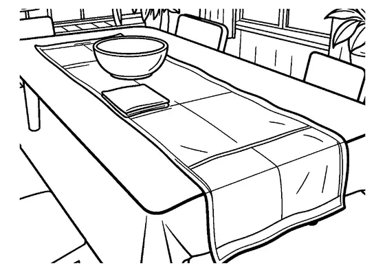 Un long chemin de table en tissu orné de grandes feuilles est posé sur la table de la salle à manger familiale.