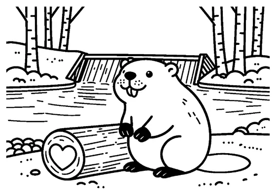 Dibujo para colorear de un castor sentado junto a un corazón tallado en madera cerca de un arroyo del bosque.
