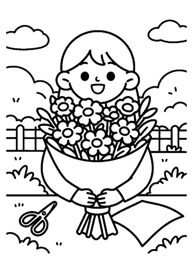 Un grand bouquet de fleurs des champs posé près de papier et de ciseaux sur une table, jardin en arrière-plan.