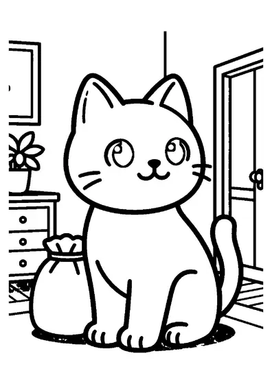 Une figurine en céramique représentant un chat assis est posée sur une commode, à côté d’un grand sachet en tissu.