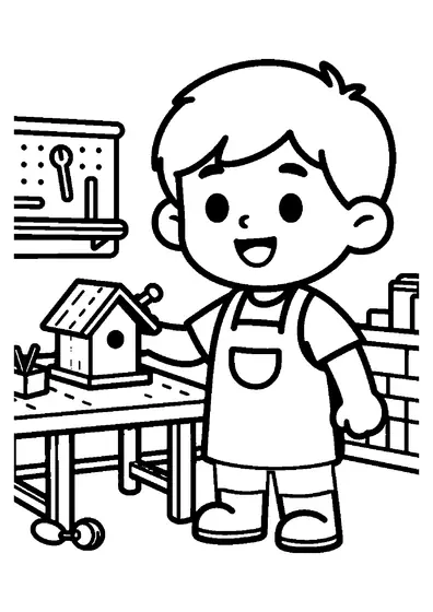 Un niño monta una casa de pájaros de madera en un banco de trabajo.