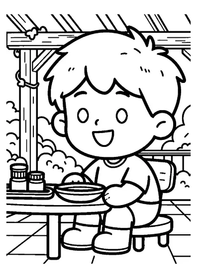 Un niño usa un pincel para decorar un plato de servir de cerámica en un patio soleado.