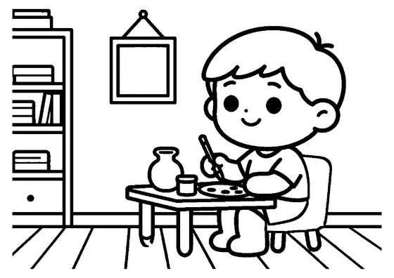 Un niño utiliza un pincel para decorar un jarrón en el escritorio de su habitación.