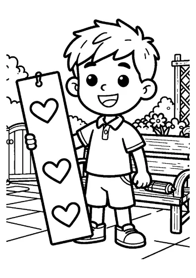 Un niño sentado decorando un gran marcapáginas con forma de corazón en el porche.