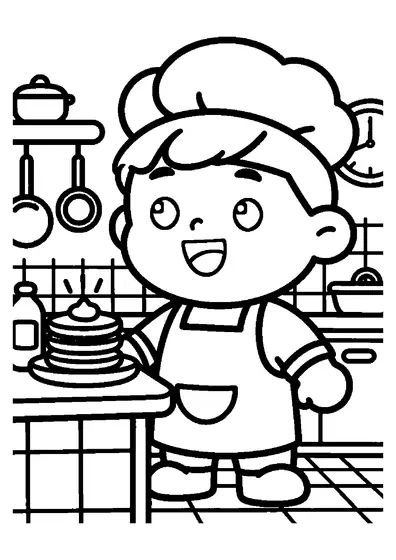 Un niño con delantal de cocinero decora tortitas con nata montada en la encimera de la cocina.