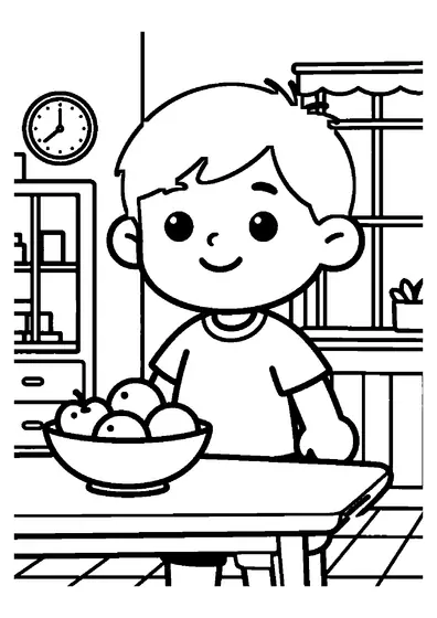 Un niño coloca fruta fresca en un gran frutero sobre la mesa del comedor.