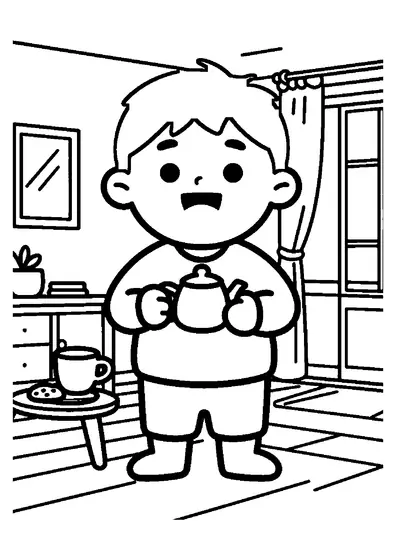 Un dibujo en línea de un niño llevando una pequeña tetera hacia la mesa del comedor.
