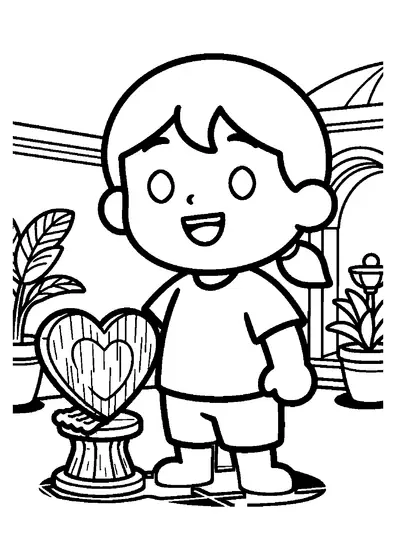 Un niño con coleta puliendo una gran escultura de corazón de madera en un patio de jardín.