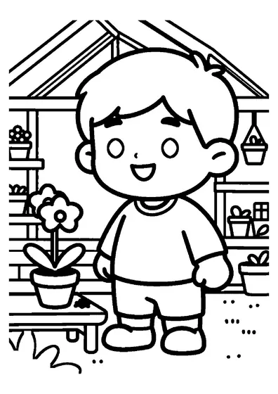 Lámina para colorear de un niño plantando una orquídea en flor en una maceta de cerámica dentro de un invernadero.