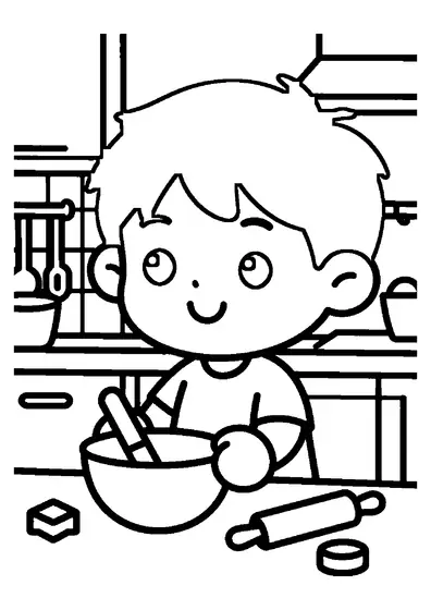 Un niño cortando galletas en la mesa de la cocina con un bol para mezclar y un rodillo.