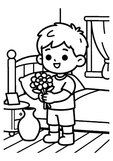 Un niño en un dormitorio sostiene un ramo de tulipanes junto a un jarrón sobre la mesilla de noche.
