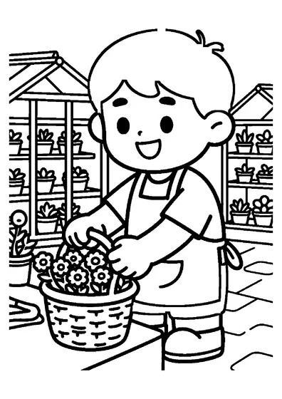 Un niño preparando un ramo de flores en una mesa de trabajo dentro de un invernadero.