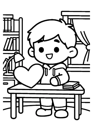 Un niño sentado en un escritorio plegando un corazón de origami con hojas de papel.