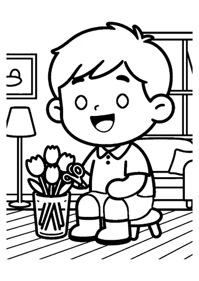 Un niño organizando un ramo de tulipanes de papel hechos a mano en una mesa del salón.