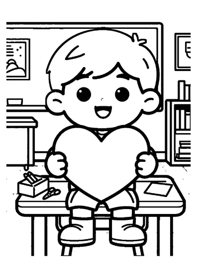 Un niño sentado en un pupitre escolar plegando un gran corazón de papel de origami.