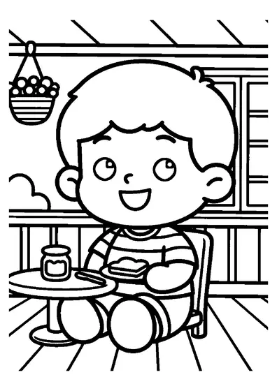 Un niño unta mermelada en una tostada en una mesa pequeña en un porche soleado.