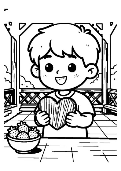 Un niño sosteniendo un corazón de madera dentro de un cenador de jardín.