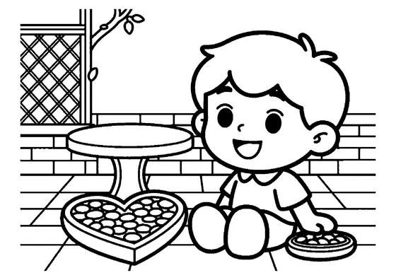 Un niño coloca piedras de colores formando un corazón sobre una mesa de piedra en el patio.