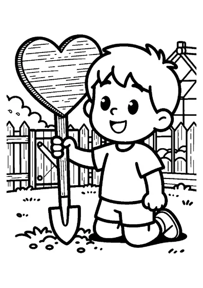 Un niño se arrodilla en el jardín junto a un cartel de madera con forma de corazón.