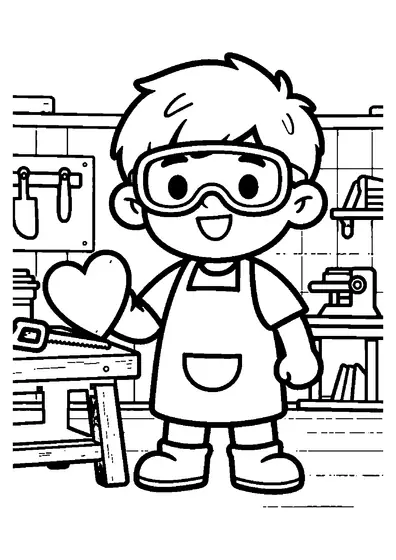 Un niño con gafas de protección corta un corazón de contrachapado en un banco de carpintería.