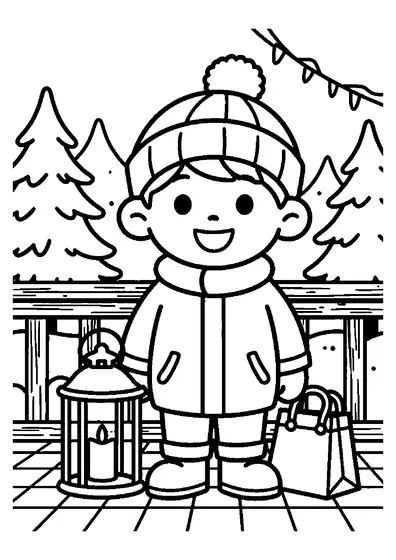 Un niño con gorro de lana sosteniendo un gran farol con una vela en un porche cubierto de nieve.