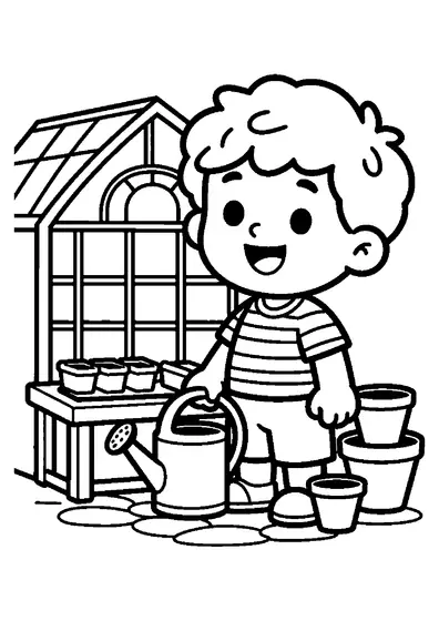 Un niño con camiseta a rayas de pie junto a una maceta de lavanda en un invernadero iluminado.