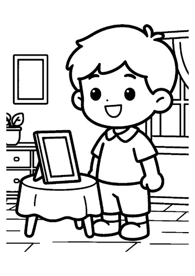 Un niño muestra un marco de fotos de roble decorado sobre una mesa junto a la ventana del comedor.