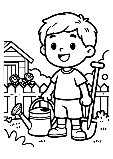 Dibujo para colorear de un niño regando rosas en el jardín con una regadera metálica clásica.
