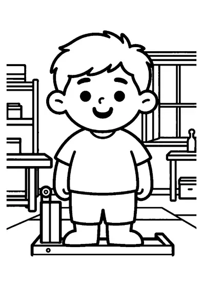 Un bambino sorridente accanto a una grande pressa in legno per essiccare i fiori.