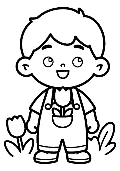 A boy standing with a broad smile while holding a single tulip flower.