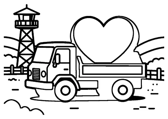 Dibujo en contorno de un camión militar que transporta una creación en forma de corazón hecha con bloques de construcción.